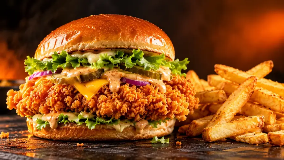 Photorealistic AI-generated crispy chicken burger image; not a photograph of an actual takeaway item