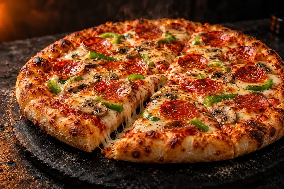 Photorealistic AI-generated pizza image; not a photograph of an actual takeaway item